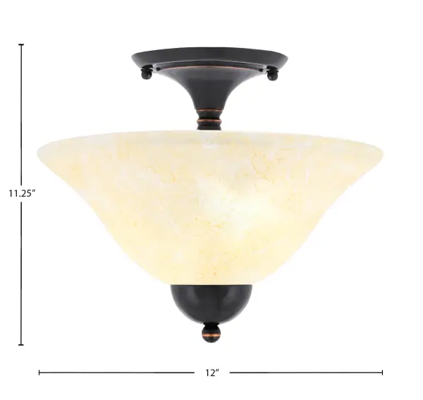 This semi-flush ceiling light combines timeless elegance with practical design. The Black Copper finish and 12-inch Amber Marble glass shade create warm, ambient lighting perfect for hallways, bedrooms, and bathrooms. - alternate view
