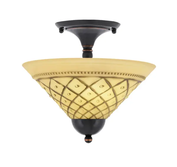 This compact semi-flush fixture combines a striking black copper finish with warm chocolate icing glass to create an inviting glow. Perfect for hallways, bedrooms, and bathrooms where ceiling clearance is limited.