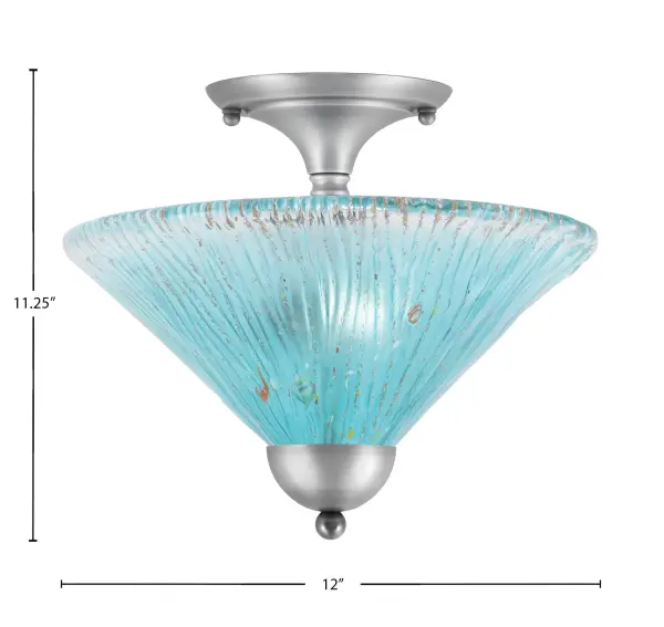 This semi-flush mount fixture combines brushed nickel sophistication with striking teal crystal glass for a unique pop of color. Perfect for smaller rooms with standard ceilings, it delivers modern elegance without overwhelming the space. - alternate view