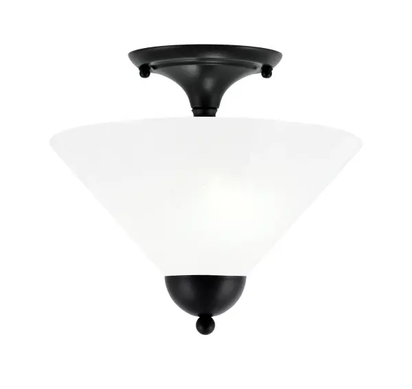 This compact semi-flush mount combines contemporary matte black styling with classic white marble glass for versatile appeal. The 12-inch shade provides soft, diffused lighting ideal for smaller spaces like hallways and bedrooms.