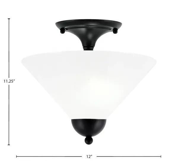 This compact semi-flush mount combines contemporary matte black styling with classic white marble glass for versatile appeal. The 12-inch shade provides soft, diffused lighting ideal for smaller spaces like hallways and bedrooms. - alternate view
