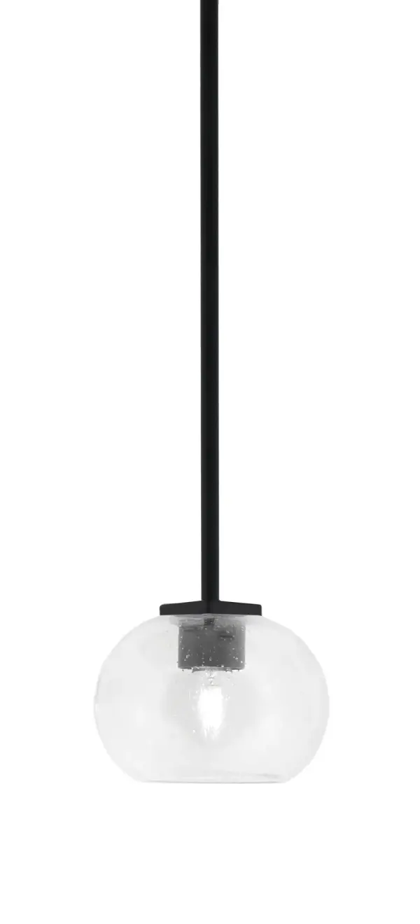 The Franklin Mini Pendant combines sleek matte black finish with distinctive bubble glass texture for a striking modern-industrial look. Its compact 7" shade and adjustable height make it versatile for various spaces.