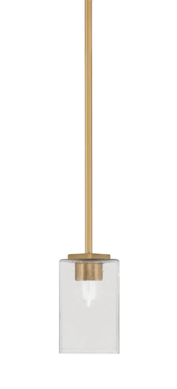 The Franklin Mini Pendant combines contemporary style with versatile functionality. Its compact 4-inch square bubble glass shade and elegant New Age Brass finish make it ideal for solo installation or grouped in series over counters and islands.