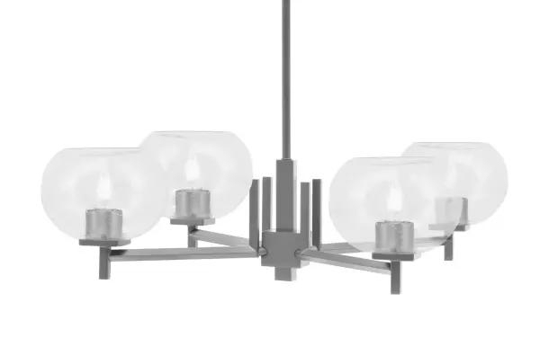 The Franklin 4 Light Chandelier combines industrial-inspired graphite finish with unique bubble-textured glass for sophisticated ambient lighting. Its linear design and adjustable height make it versatile for various spaces.