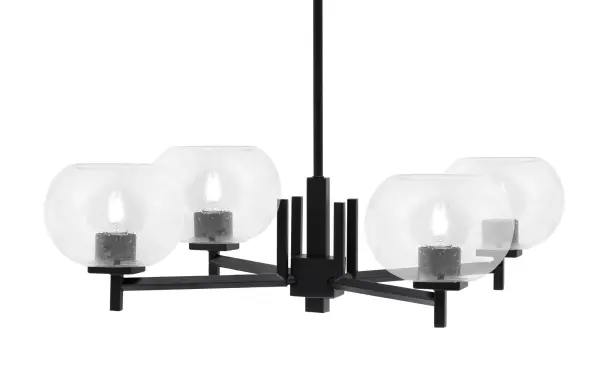 The Franklin 4 Light Chandelier combines modern industrial design with engaging bubble glass texture. Its matte black finish and clear glass shades deliver bright, functional lighting while maintaining visual interest.