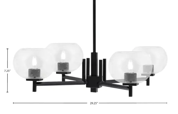 The Franklin 4 Light Chandelier combines modern industrial design with engaging bubble glass texture. Its matte black finish and clear glass shades deliver bright, functional lighting while maintaining visual interest. - alternate view