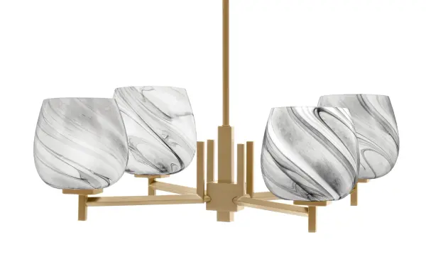 The Franklin chandelier combines timeless brass elegance with distinctive onyx swirl glass shades. Its 28-inch linear design and adjustable height make it versatile for various ceiling heights and room sizes.