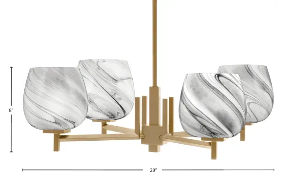 The Franklin chandelier combines timeless brass elegance with distinctive onyx swirl glass shades. Its 28-inch linear design and adjustable height make it versatile for various ceiling heights and room sizes. - alternate view