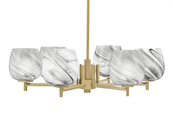 The Franklin chandelier makes a bold impression with six uniquely marbled onyx swirl glass shades paired with a warm New Age Brass frame. At nearly 30 inches wide, it delivers striking visual drama while maintaining refined elegance.