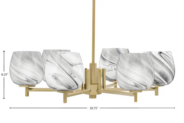 The Franklin chandelier makes a bold impression with six uniquely marbled onyx swirl glass shades paired with a warm New Age Brass frame. At nearly 30 inches wide, it delivers striking visual drama while maintaining refined elegance. - alternate view