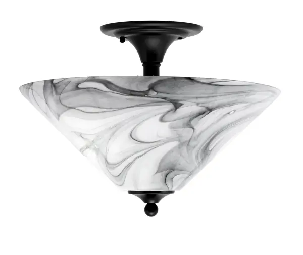 This contemporary semi-flush mount combines a sleek matte black finish with captivating onyx swirl glass. Perfect for spaces with lower ceilings, it delivers modern elegance with dynamic visual interest.