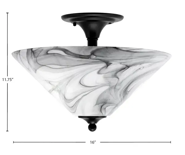This contemporary semi-flush mount combines a sleek matte black finish with captivating onyx swirl glass. Perfect for spaces with lower ceilings, it delivers modern elegance with dynamic visual interest. - alternate view