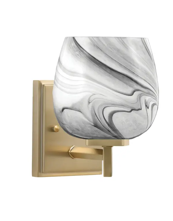 The Franklin Wall Sconce makes a striking statement with its rich New Age Brass finish and distinctive 6-inch onyx swirl glass shade. The swirling pattern creates visual depth while diffusing warm, inviting light—perfect for adding artistic flair to bathrooms, hallways, and intimate spaces.