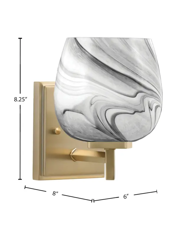 The Franklin Wall Sconce makes a striking statement with its rich New Age Brass finish and distinctive 6-inch onyx swirl glass shade. The swirling pattern creates visual depth while diffusing warm, inviting light—perfect for adding artistic flair to bathrooms, hallways, and intimate spaces. - alternate view