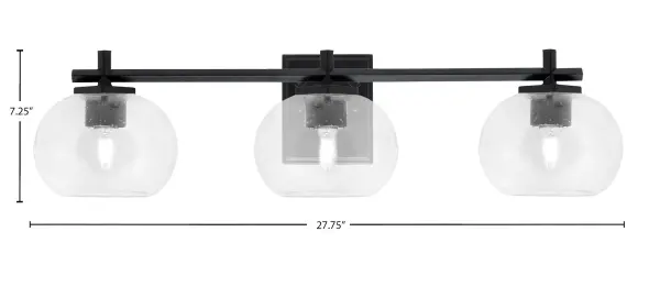The Franklin 3-Light Bath Bar combines sleek matte black styling with oversized 7-inch clear bubble glass shades for a striking modern aesthetic. Perfect for contemporary and industrial bathrooms seeking both style and ample illumination. - alternate view