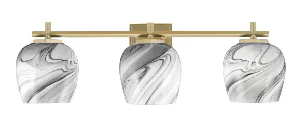 The Franklin 3-Light Bath Bar combines warm New Age Brass with dramatic Onyx Swirl Glass shades featuring flowing dark and light patterns. At 26.75" wide, it provides ample illumination while adding rich visual texture and personality to bathrooms.