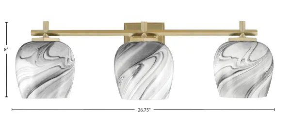 The Franklin 3-Light Bath Bar combines warm New Age Brass with dramatic Onyx Swirl Glass shades featuring flowing dark and light patterns. At 26.75" wide, it provides ample illumination while adding rich visual texture and personality to bathrooms. - alternate view