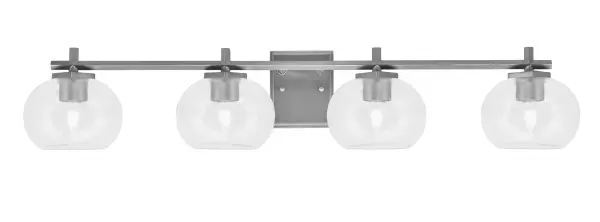 The Franklin 4-Light Bath Bar combines industrial sophistication with practical functionality. Its Graphite finish and textured Clear Bubble Glass shades create visual interest while delivering bright, even lighting perfect for grooming tasks.