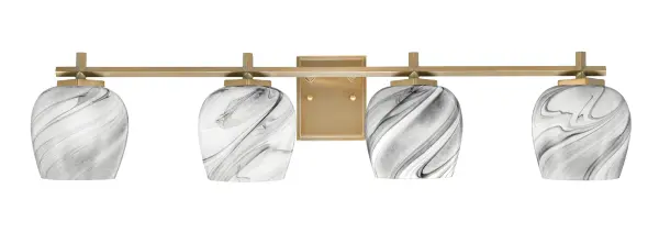 The Franklin 4-Light Bath Bar makes a dramatic statement with its warm New Age Brass finish and rich marbled onyx swirl glass shades. At 37.25 inches wide, it provides ample illumination for larger vanities while adding depth and artistic intrigue to modern, eclectic, or transitional bathrooms.