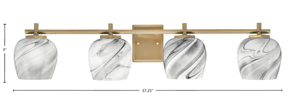 The Franklin 4-Light Bath Bar makes a dramatic statement with its warm New Age Brass finish and rich marbled onyx swirl glass shades. At 37.25 inches wide, it provides ample illumination for larger vanities while adding depth and artistic intrigue to modern, eclectic, or transitional bathrooms. - alternate view