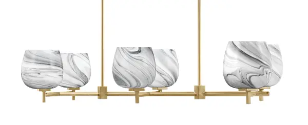 The Franklin 6-Light Island Light combines warm New Age Brass with captivating onyx swirl glass for a sophisticated focal point. Its linear design and adjustable height make it perfect for kitchen islands and dining tables.