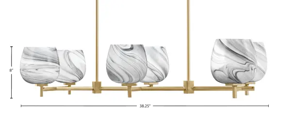 The Franklin 6-Light Island Light combines warm New Age Brass with captivating onyx swirl glass for a sophisticated focal point. Its linear design and adjustable height make it perfect for kitchen islands and dining tables. - alternate view