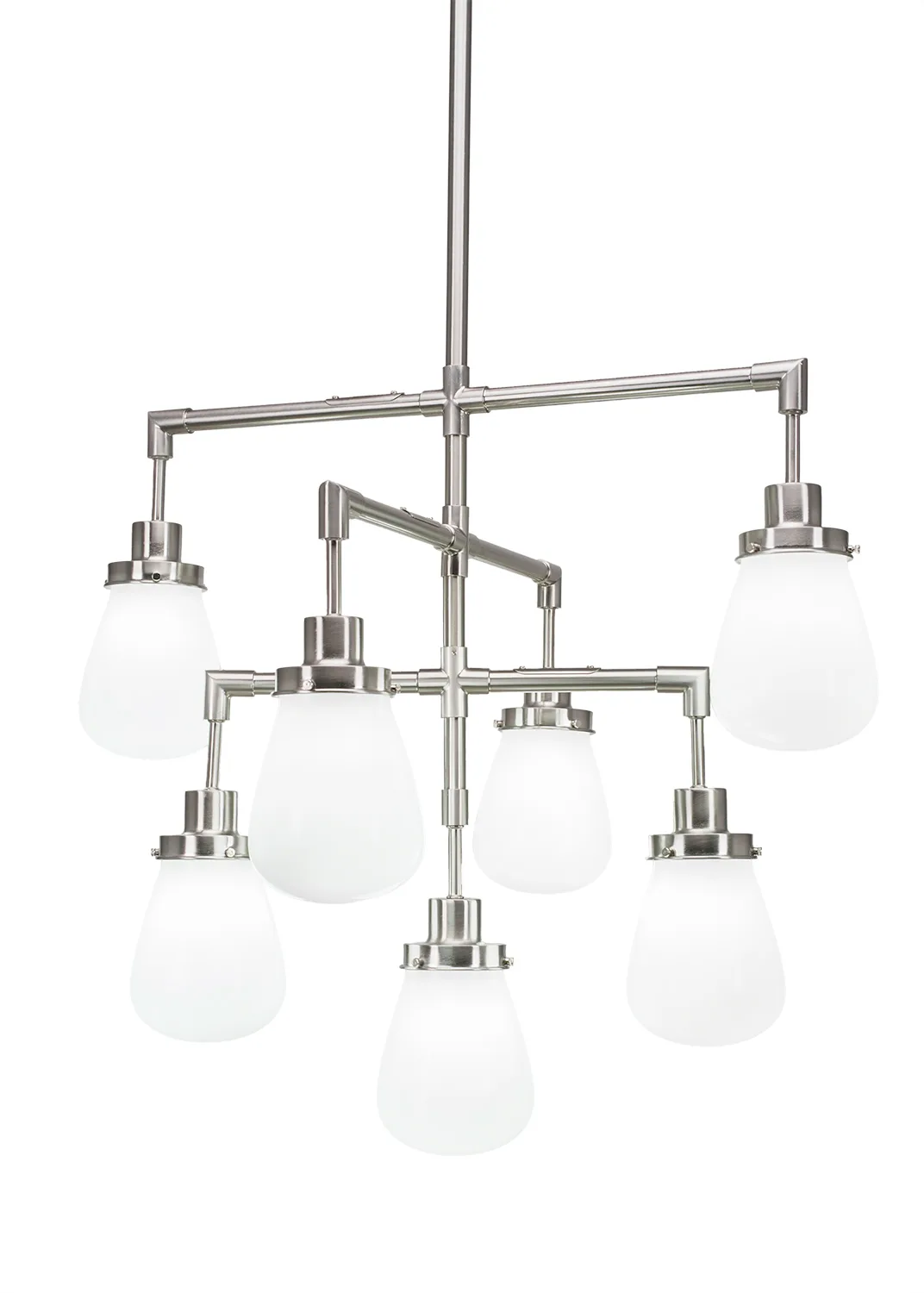 Meridian 7 Light Chandelier Shown In Brushed Nickel Finish With 5" White Glass
