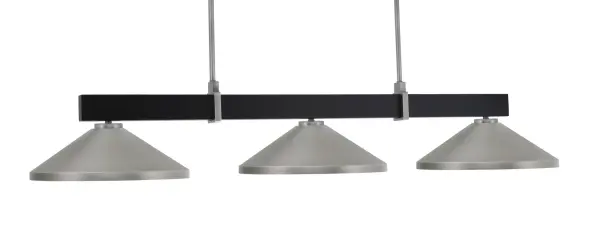The Wellington 3-Light Bar combines industrial style with modern sophistication. Its matte black and graphite finish with cone metal shades creates focused task lighting ideal for kitchen islands, pool tables, or dining areas.