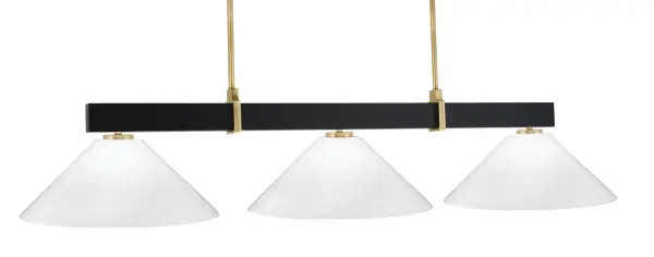 The Wellington 3-Light Island Pendant combines matte black and new age brass finishes for a striking transitional look. White marble glass shades provide warm, diffused light perfect for kitchen islands and dining areas.