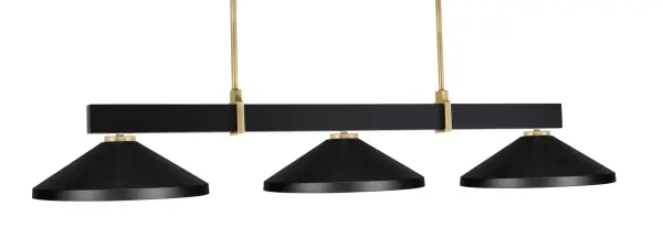 The Wellington 3 Light Bar combines matte black and brass finishes with cone-shaped metal shades for a striking industrial-modern aesthetic. Perfect for kitchen islands and dining areas, this fixture offers adjustable height and works on sloped ceilings.