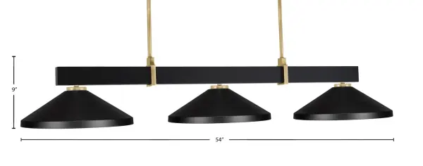 The Wellington 3 Light Bar combines matte black and brass finishes with cone-shaped metal shades for a striking industrial-modern aesthetic. Perfect for kitchen islands and dining areas, this fixture offers adjustable height and works on sloped ceilings. - alternate view