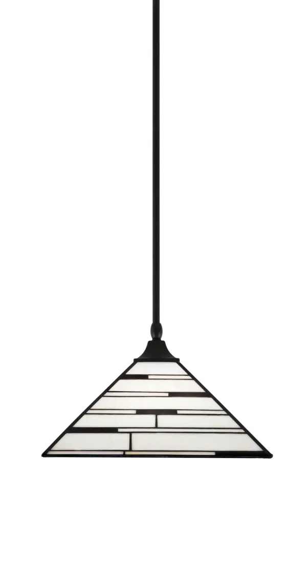 This sophisticated pendant combines a striking matte black finish with beautiful pearl ebony art glass, creating dramatic visual interest. The adjustable hanging system and sloped ceiling compatibility make it highly versatile.