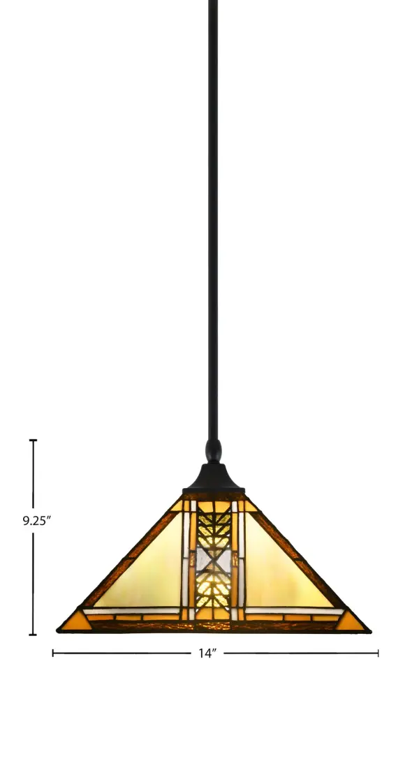 This stem-hung pendant features stunning 14-inch Santa Cruz art glass in a sleek matte black finish. The adjustable hanging height and sloped ceiling compatibility make it versatile for various spaces. - alternate view