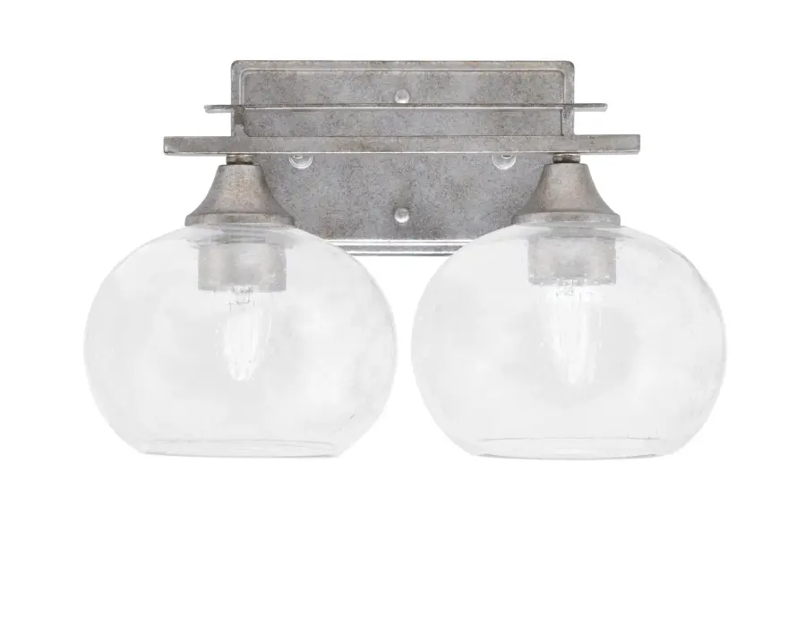 Uptowne 2-Light Bath Bar in Aged Silver with Clear Bubble Glass - Image 1