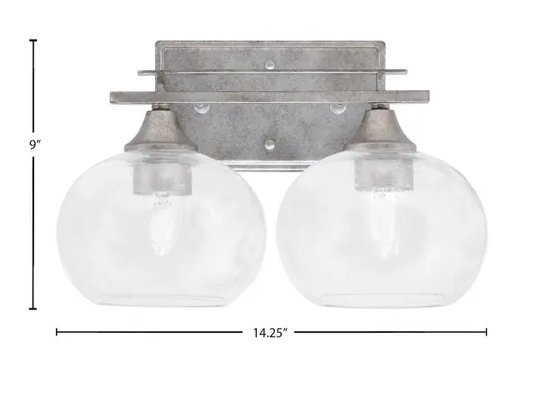 The Uptowne 2-Light Bath Bar combines aged silver finish with distinctive bubble glass shades for a sophisticated vintage aesthetic. Perfect for bathrooms needing both style and practical illumination. - alternate view