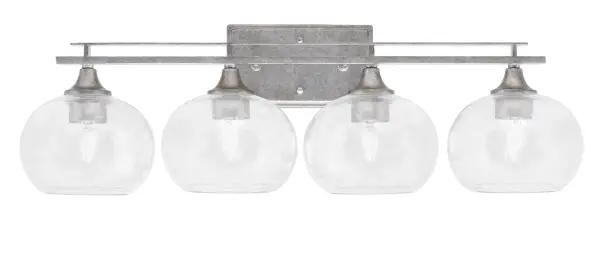 The Uptowne 4-Light Bath Bar combines aged silver metalwork with eye-catching clear bubble glass shades, creating a contemporary fixture that elevates bathroom lighting. Its 29.5-inch span provides ample illumination for medium to large vanities.