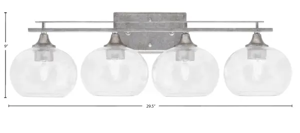 The Uptowne 4-Light Bath Bar combines aged silver metalwork with eye-catching clear bubble glass shades, creating a contemporary fixture that elevates bathroom lighting. Its 29.5-inch span provides ample illumination for medium to large vanities. - alternate view