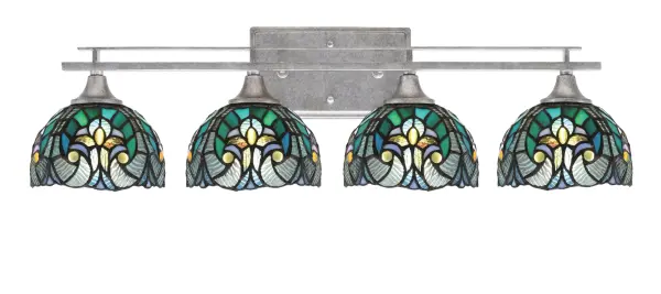 The Uptowne 4 Light Bath Bar combines an elegant aged silver finish with stunning turquoise cypress art glass to create a sophisticated focal point. With flexible up or down mounting and dimmable capability, it offers both beauty and functionality.