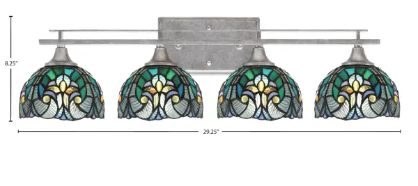 The Uptowne 4 Light Bath Bar combines an elegant aged silver finish with stunning turquoise cypress art glass to create a sophisticated focal point. With flexible up or down mounting and dimmable capability, it offers both beauty and functionality. - alternate view
