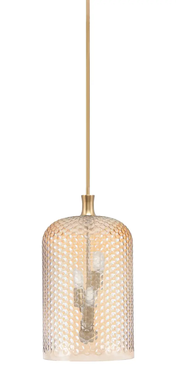 This 3-light cluster pendant combines New Age Brass finish with warm amber textured glass for inviting illumination. Adjustable hanging height and sloped ceiling compatibility make it versatile for various spaces.