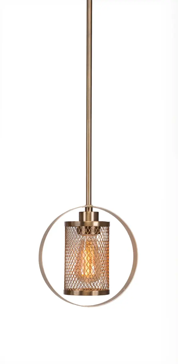 The Infinity pendant combines modern minimalism with vintage warmth through its New Age Brass finish and amber glass shade. At just 8" wide, it's ideal for focused task lighting over kitchen islands or intimate dining spaces.