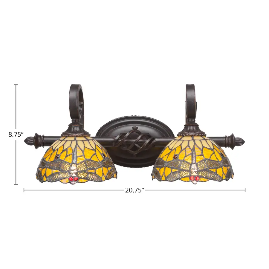 Elegante 2 Light Bath Bar with Amber Dragonfly Art Glass - Image 2
