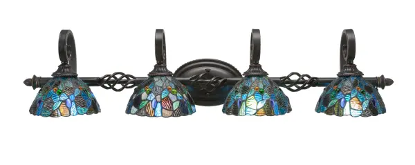 The Elegante 4-Light Bath Bar combines artistic flair with practical illumination. Its handcrafted blue mosaic glass shades and dark granite finish create a sophisticated focal point, while the up-or-down mounting flexibility allows customization to your space.
