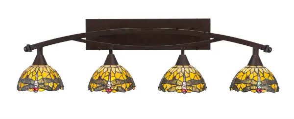 Bow 4 Light Bath Bar with Amber Dragonfly Art Glass