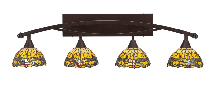 Bow 4 Light Bath Bar with Amber Dragonfly Art Glass