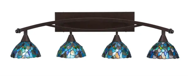The Bow 4-Light Bath Bar combines traditional bronze craftsmanship with eye-catching blue mosaic art glass shades. At 40 inches wide, it provides excellent illumination for larger vanities while serving as a decorative focal point.