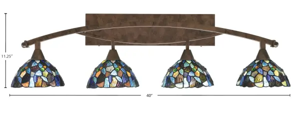 The Bow 4-Light Bath Bar combines traditional bronze craftsmanship with eye-catching blue mosaic art glass shades. At 40 inches wide, it provides excellent illumination for larger vanities while serving as a decorative focal point. - alternate view