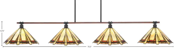 The Blacksmith 4-Light Island Pendant masterfully blends rustic charm with industrial elegance. Featuring unique painted wood-look metal paired with dark granite finish and striking 16" Zion art glass shades, this fixture delivers both visual impact and functional illumination for large spaces. - alternate view