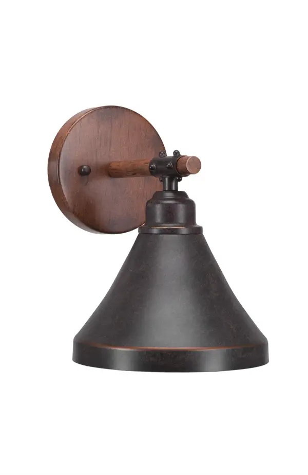 The Blacksmith Wall Sconce combines rustic wood-look metal with a sleek dark granite finish, creating a versatile fixture that works in traditional and contemporary spaces. Compact at 7 inches wide, it's perfect for smaller areas.
