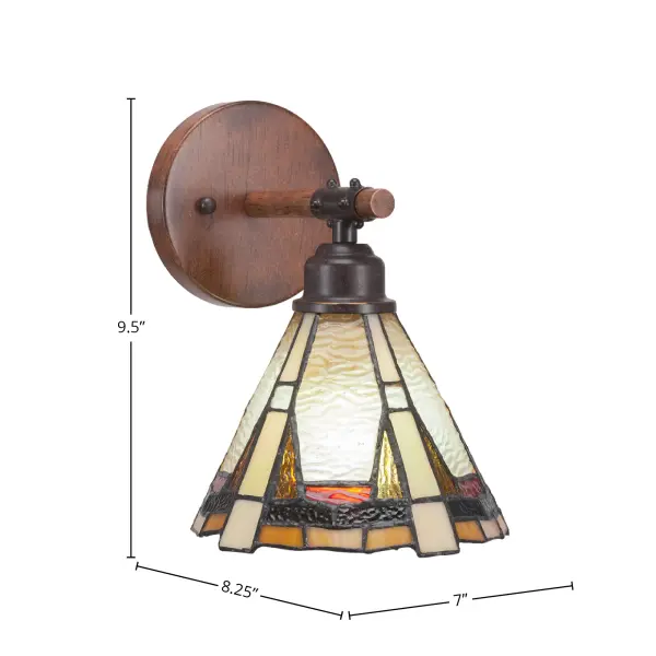 The Blacksmith Wall Sconce combines rustic charm with artistic sophistication through its painted wood-look metal finish and stunning Zion art glass shade. Perfect for adding character to hallways, bathrooms, or entryways. - alternate view